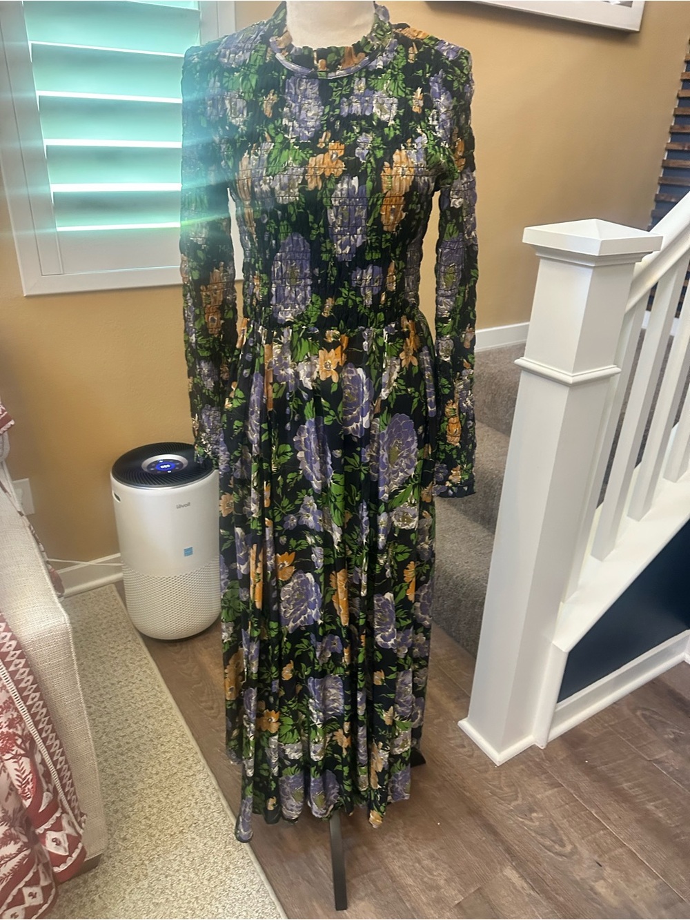 FARM Rio Black Maxi Dress with Purple and Gold Floral Print